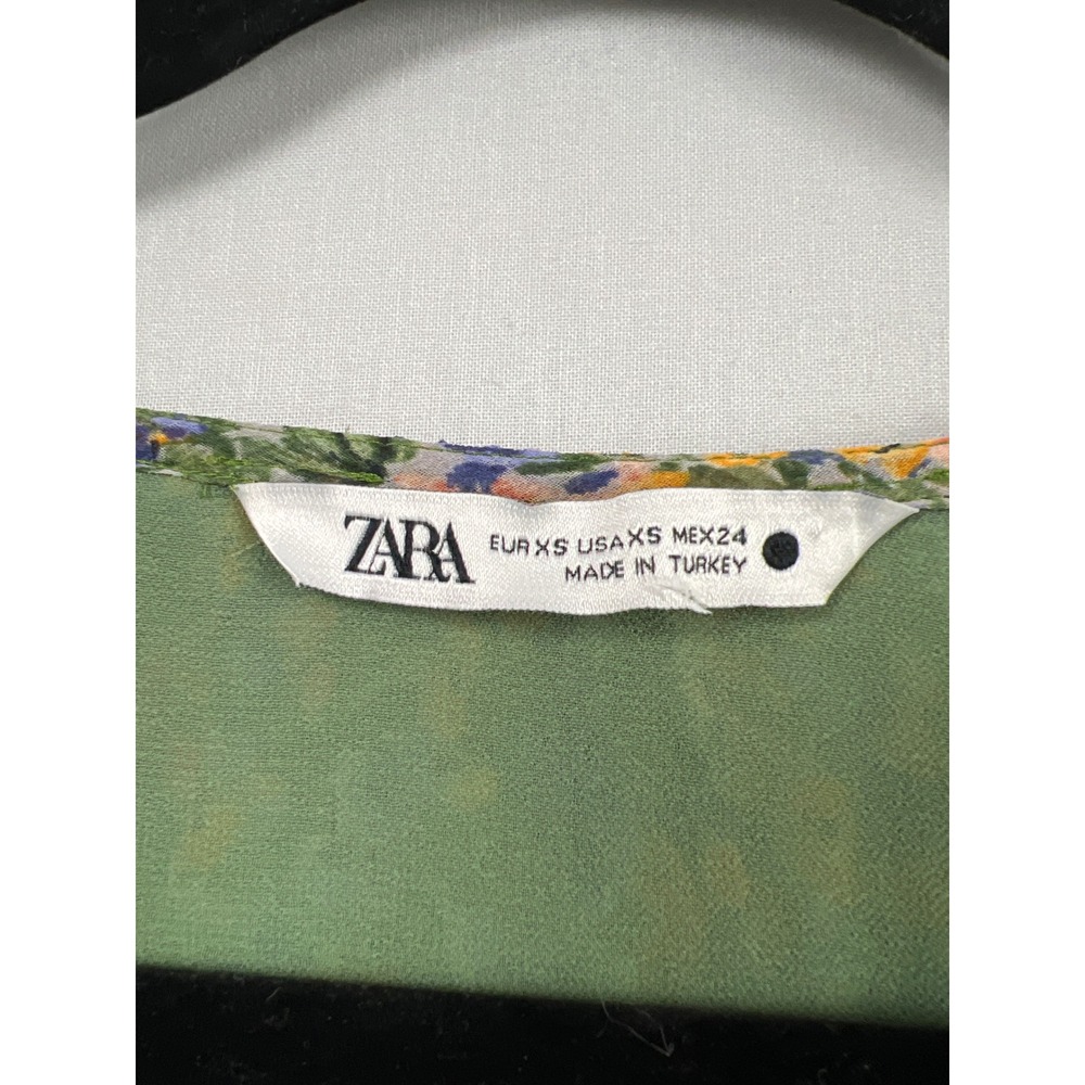 Zara Mini Dress Womens XS Green Floral Pleated Shift Tie Neck Cottage Core - Picture 2 of 11